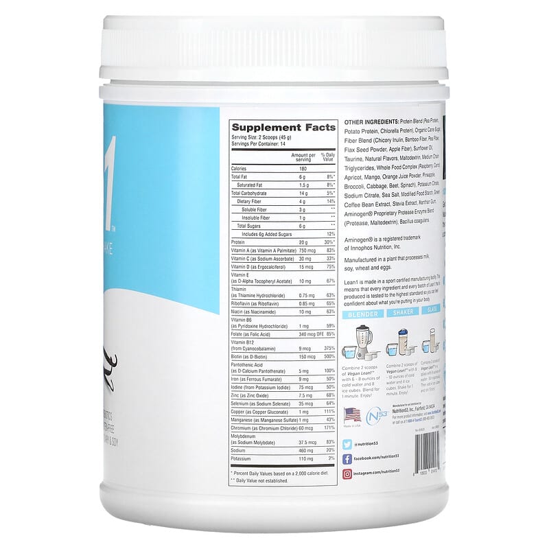 Lean1, Nature's Protein Shake, Vanilla, 1.4 lb (630 g) 810033014130