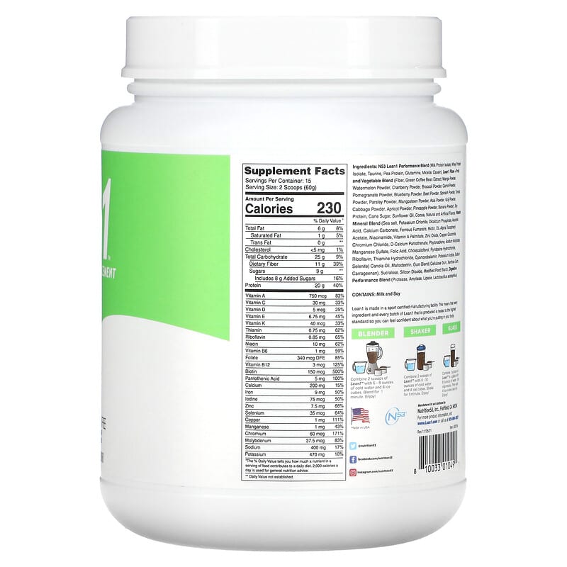 Lean1, Original, Fat Burning Meal Replacement Protein Shake, Chocolate, 2 lb (900 g) 810033010491