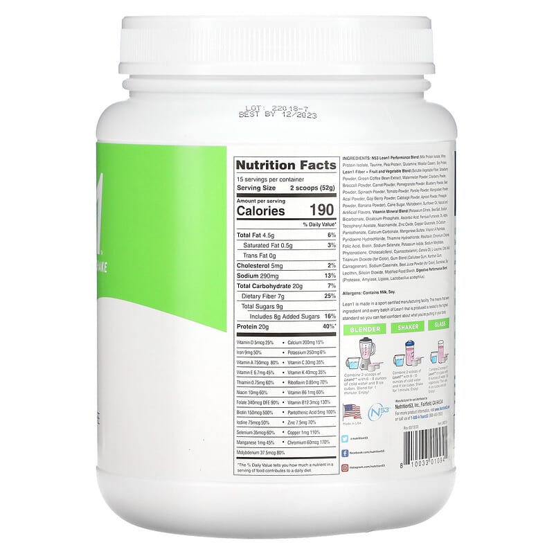 Lean1, Original, Fat Burning Meal Replacement Protein Shake, Strawberry, 1.7 lb (780 g) 810033010941