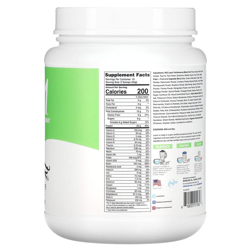 Lean1, Original, Fat Burning Meal Replacement Protein Shake, Vanilla, 1.7 lbs (780 g) 810033010828