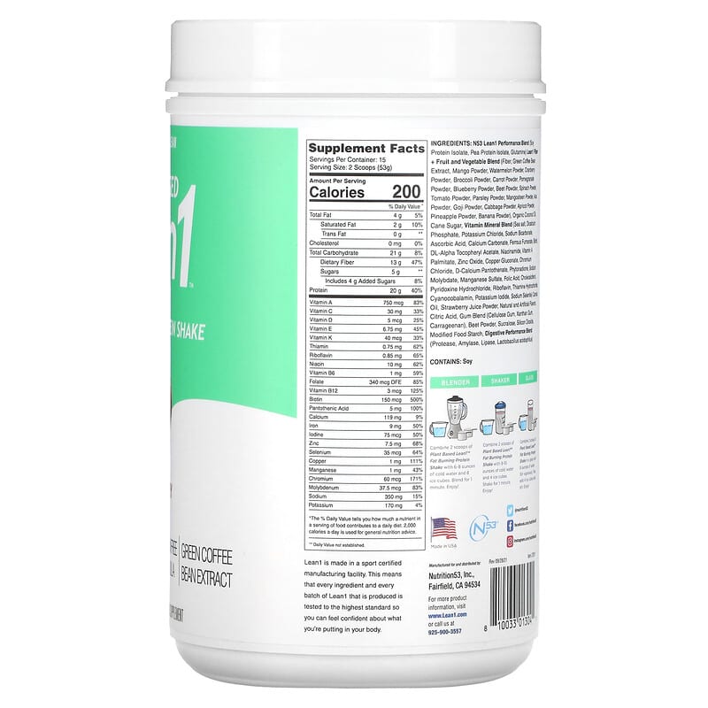 Lean1, Plant Based Fat Burning Protein Shake, Strawberry , 1.75 lbs (795 g) 810033013041