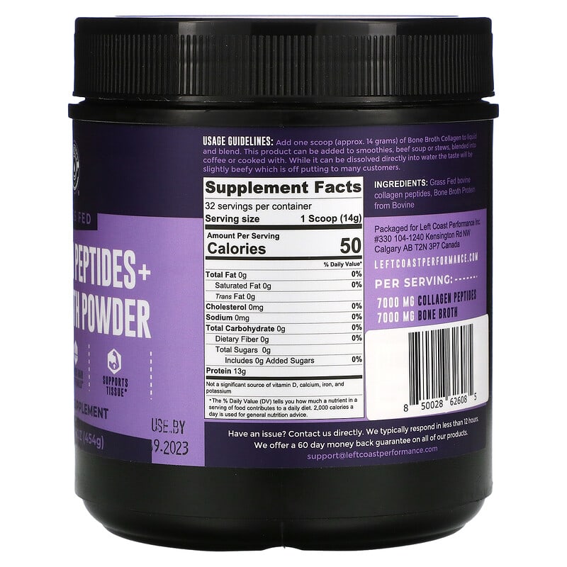Left Coast Performance, Collagen Peptides + Bone Broth Powder, 16 oz (454 g) 850028626085
