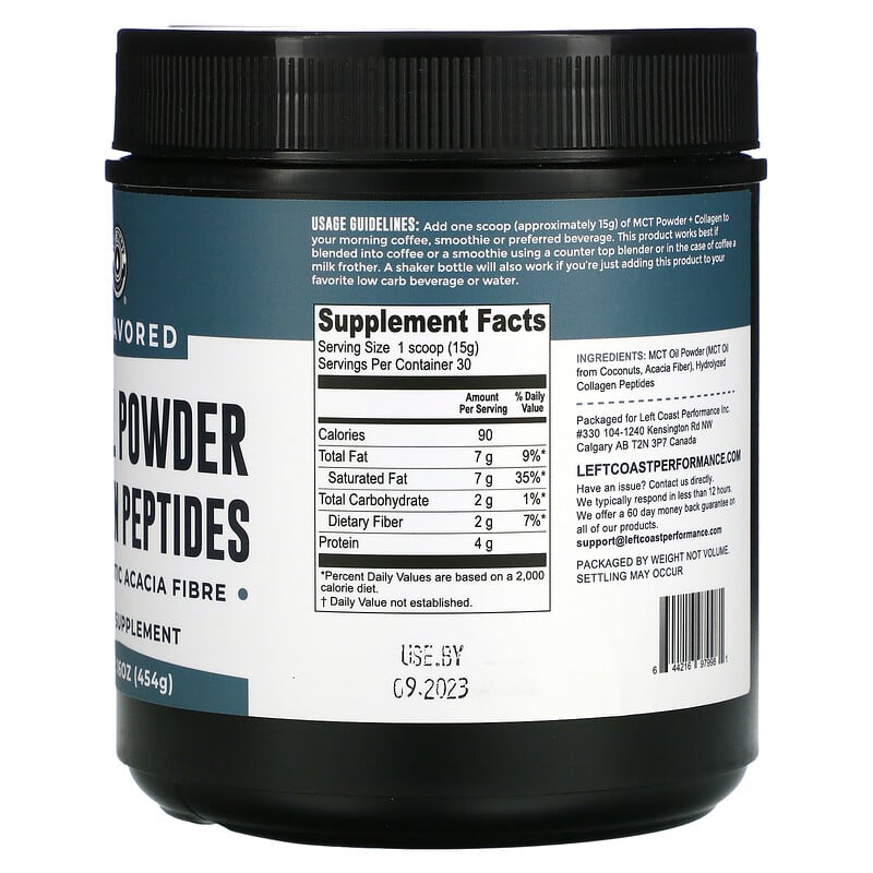 Left Coast Performance, MCT Oil Powder Collagen Peptides with Prebiotic Acacia Fibre, Unflavored, 16 oz (454 g) 644216979981