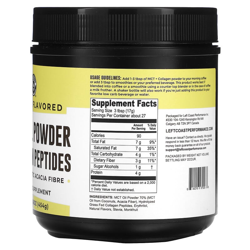 Left Coast Performance, MCT Oil Powder Collagen Peptides with Prebiotic Acacia Fibre, Vanilla, 16 oz (454 g) 644216979288