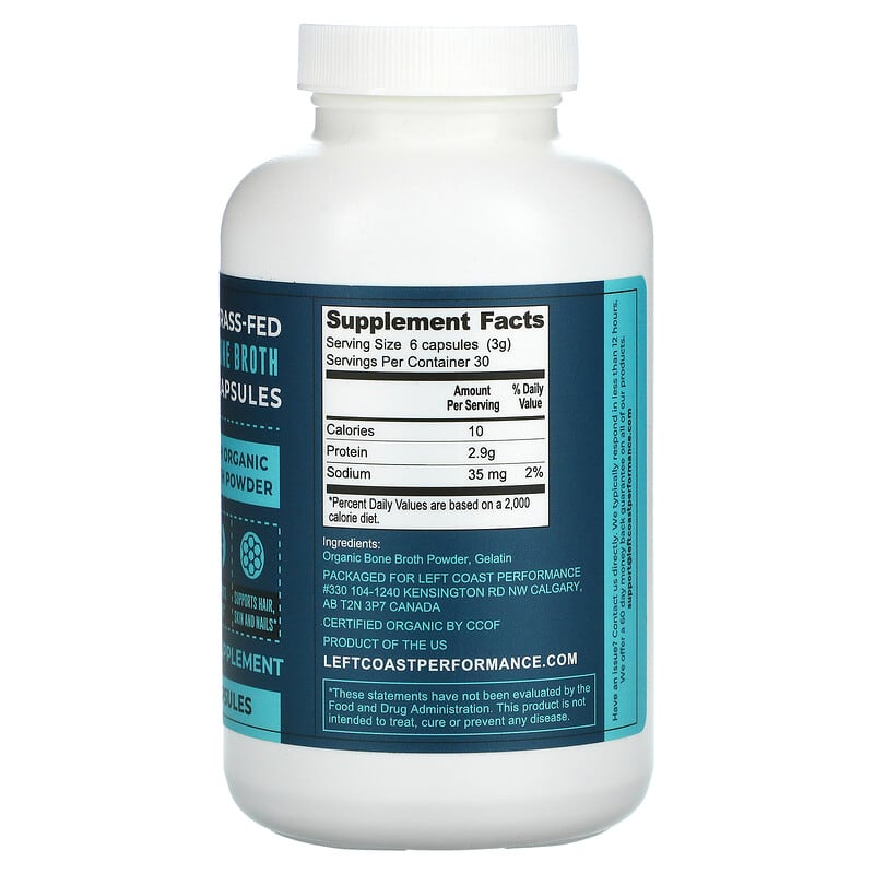 Left Coast Performance, Organic Grass Fed Bone Broth, 180 Capsules 752830334236