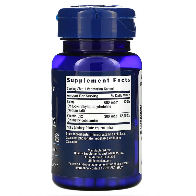Life Extension, BioActive, Folate & Vitamin B12, 90 Vegetarian Capsules 737870184294