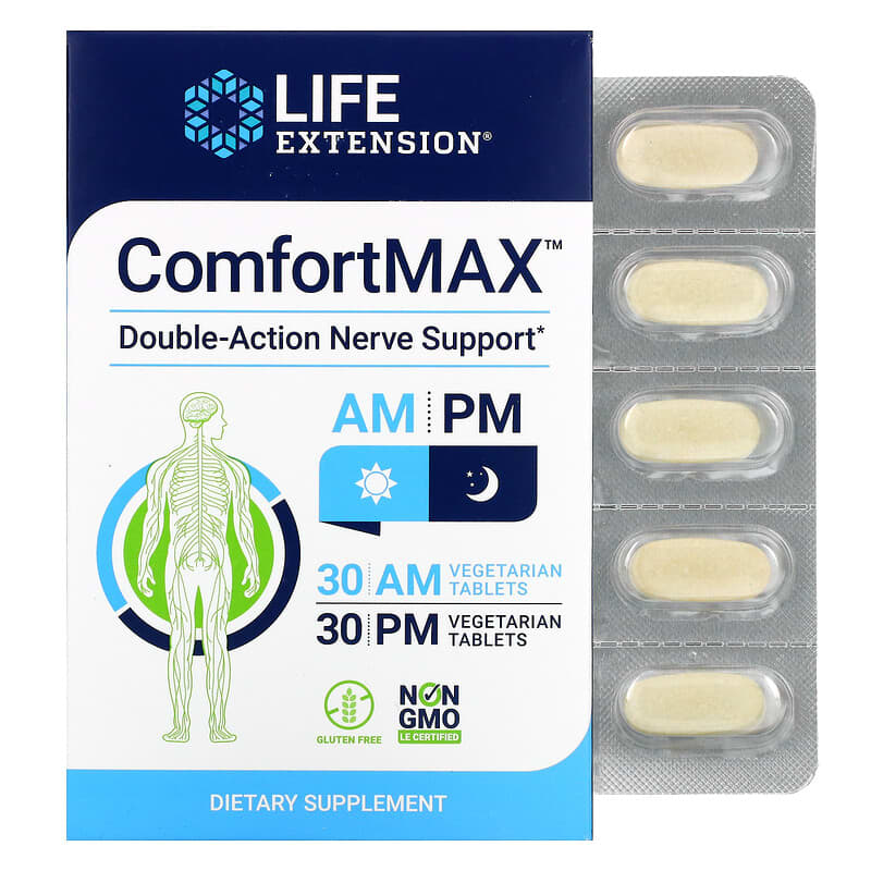 Life Extension ComfortMAX Double-Action Nerve Support For AM & PM 60 Vegetarian Tablets 737870220268
