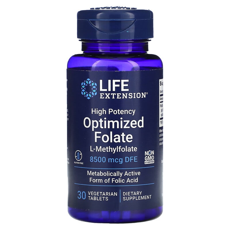 Life Extension High Potency Optimized Folate 8,500 mcg DFE 30 Vegetarian Tablets 737870191339