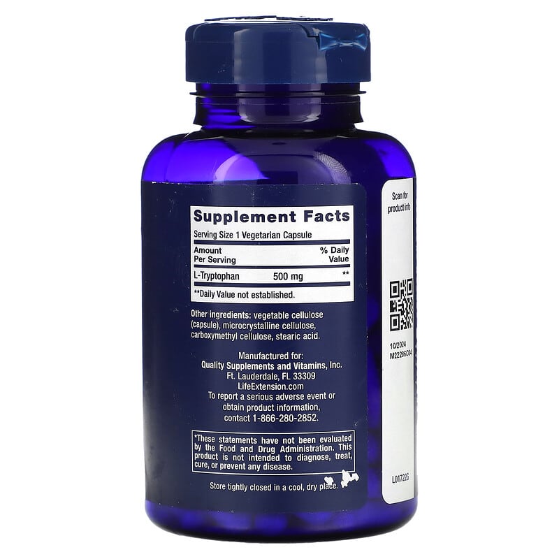 Life Extension, L-Tryptophan, 500 mg, 90 Vegetarian Capsules 737870172291