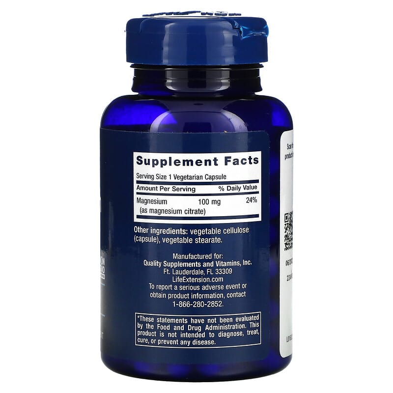 Life Extension, Magnesium (Citrate), 100 mg, 100 Vegetarian Capsules 737870168218