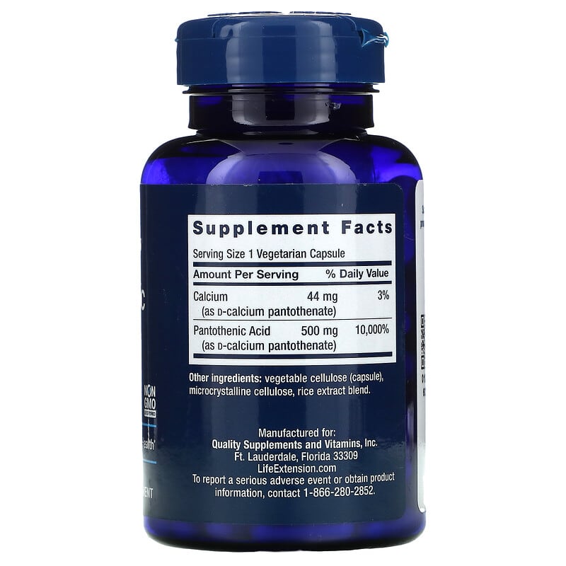 Life Extension, Pantothenic Acid, Vitamin B-5, 500 mg, 100 Vegetarian Capsules 737870202813