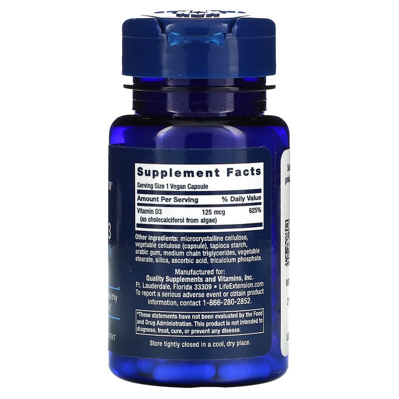 Life Extension, Vegan Vitamin D3, 125 mcg (5000 IU), 60 Vegan Capsules 737870242260