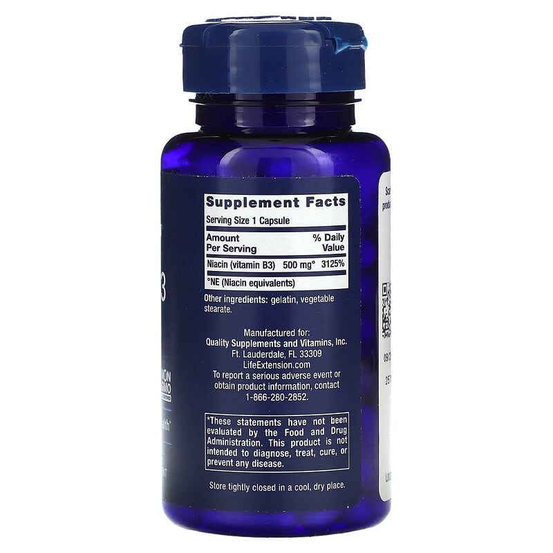 Life Extension, Vitamin B3 Niacin, 500 mg, 100 Capsules 737870372103