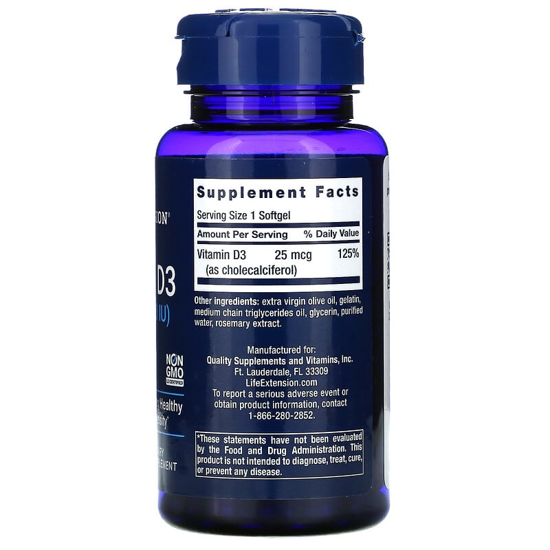 Life Extension, Vitamin D3, 25 mcg (1,000 IU), 250 Softgels 737870175124