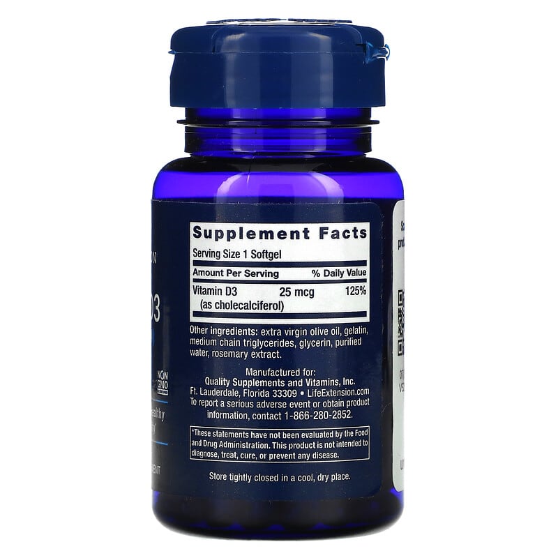 Life Extension, Vitamin D3, 25 mcg (1,000 IU), 90 Softgels 737870175391