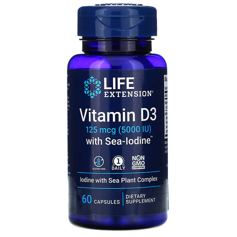 Life Extension Vitamin D3 with Sea-Iodine 125 mcg (5,000 IU) 60 Capsules 737870175865