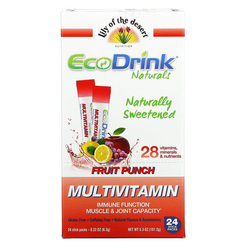 Lily of the Desert EcoDrink Naturals Multivitamin Drink Mix Fruit Punch 24 Stick Packs 0.22 oz (6.3 g) Each 26395008445