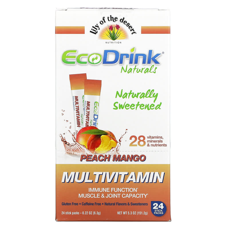 Lily of the Desert EcoDrink Naturals Multivitamin Drink Mix Peach Mango 24 Stick Packs 0.22 oz (6.3 g) Each 26395008452
