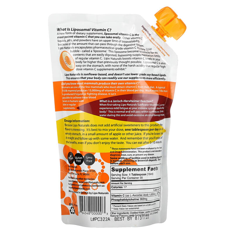 Lipo Naturals, Liposomal Vitamin C from Sunflowers, 15 oz (443 ml) 864548000003