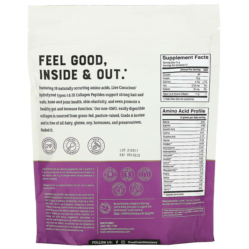 Live Conscious, Collagen Peptides, Unflavored, 16 oz (454 g) 850008273193