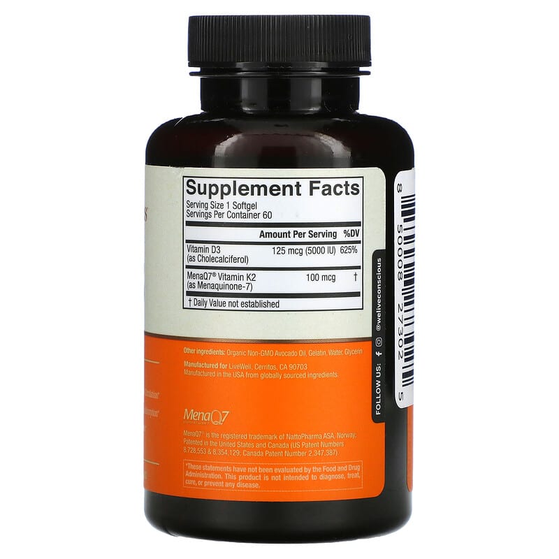 Live Conscious, K2+D3, Bone & Heart Health, 60 Softgels 850008273025