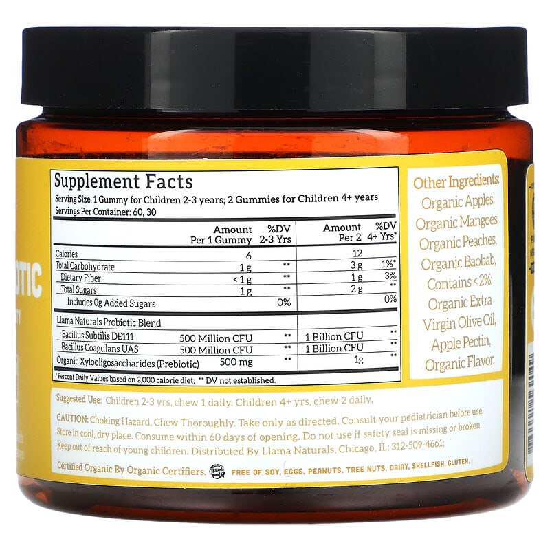 Llama Naturals, Prebiotic & Probiotic Whole Fruit Gummies, Peach Mango, 60 Fruit Gummies 860001569049