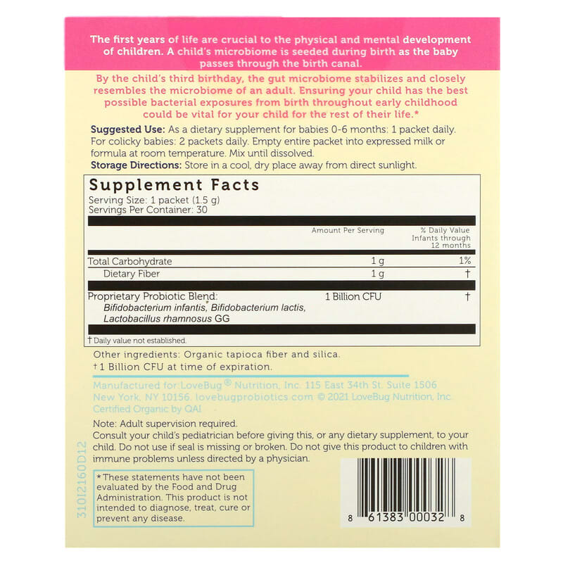 LoveBug Probiotics, Infant Probiotics, 0-6 Months, 1 Billion CFU, 30 Single Stick Packs, 0.05 oz (1.5 g) Each 861383000328