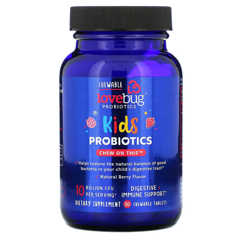 LoveBug Probiotics, Kids Probiotics, Delicious Berry, 10 Billion CFU, 30 Chewable Tablets 850002716245