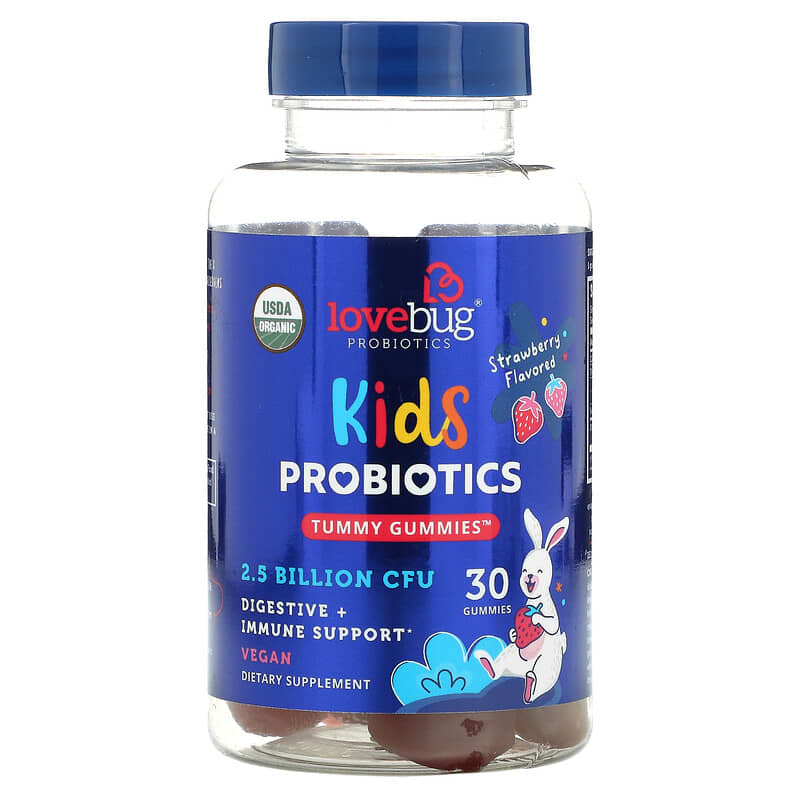 LoveBug Probiotics Kids Probiotics Tummy Gummies Strawberry 2.5 Billion CFU 30 Gummies 850002716511
