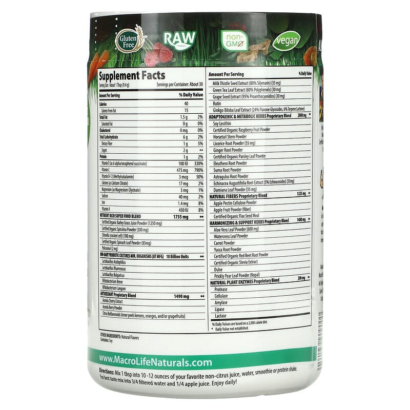 Macrolife Naturals, Macro Greens, Superfood, 10 oz (283.5 g) 54139909000