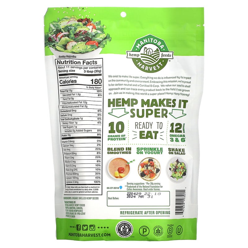 Manitoba Harvest, Hemp Hearts, Organic Shelled Hemp Seeds, Delicious Nutty, 12 oz (340 g) 697658203015