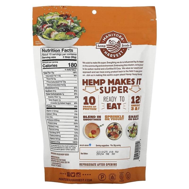 Manitoba Harvest, Hemp Hearts, Shelled Hemp Seeds, Delicious Nutty Flavor, 16 oz (454 g) 697658201219