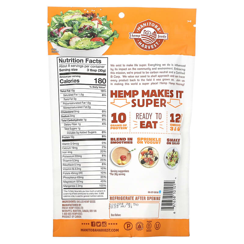 Manitoba Harvest, Hemp Hearts, Shelled Hemp Seeds, Delicious Nutty Flavor, 8 oz (227 g) 697658101014