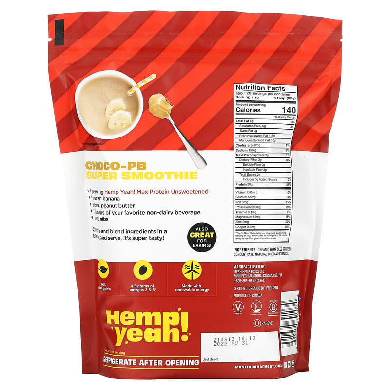 Manitoba Harvest, Organic Hemp Yeah!, Max Protein, Hemp Protein Powder, Unsweetened, 32 oz (907 g) 697658691034