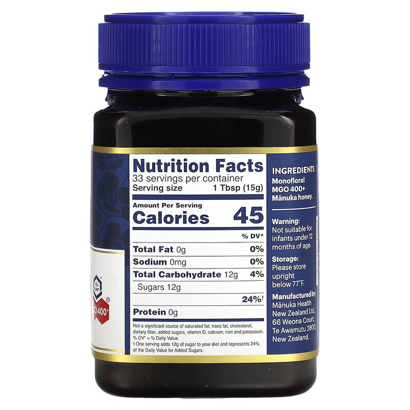 Manuka Health, Raw Manuka Honey, MGO 400+, 1.1 lb (500 g) 895015001551