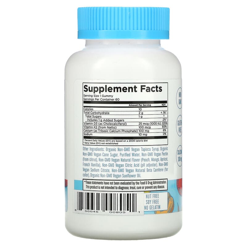 MaryRuth Organics, K2 + D3 Calcium Gummies, Peach, Mango and Apricot, 60 Gummies 856645008051
