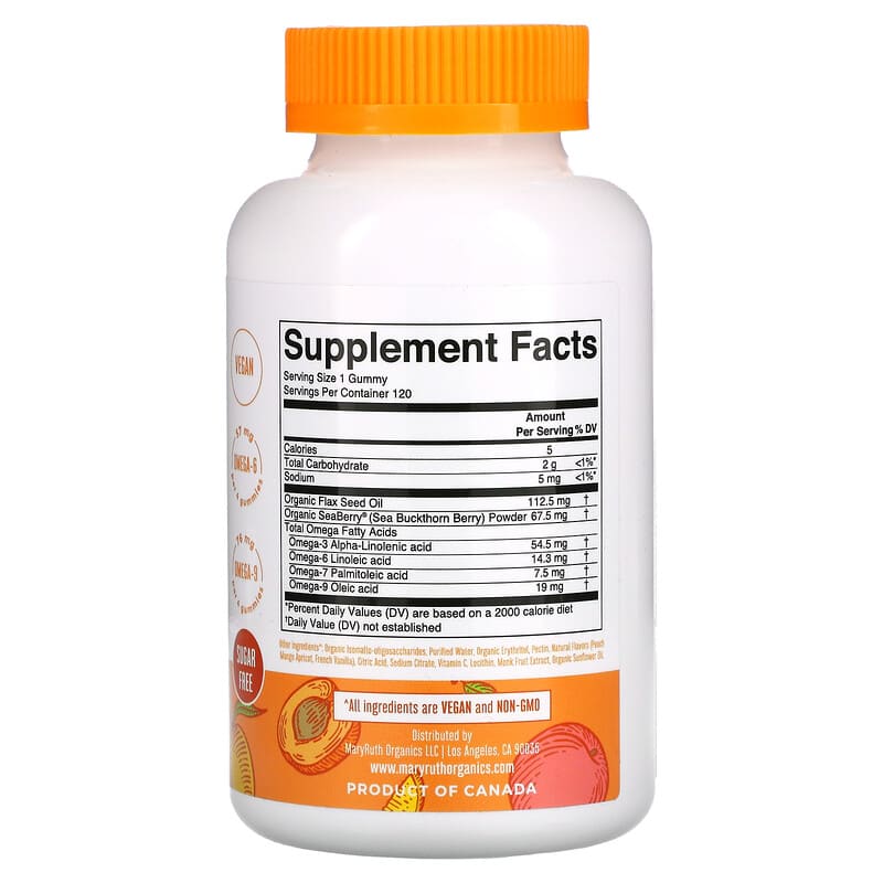 MaryRuth Organics, Omega 3-6-7-9 Gummies, Peach, Mango, Apricot, Sugar Free, 120 Gummies 856645008068
