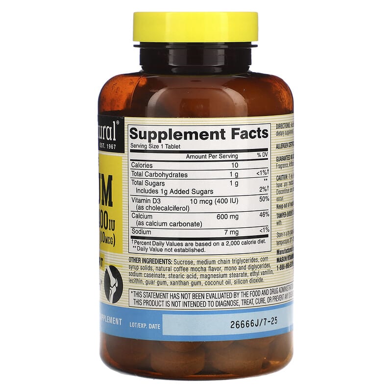 Mason Natural, Chewable Calcium + D3, Coffee Mocha , 600 mg, 100 Chewables 311845140319