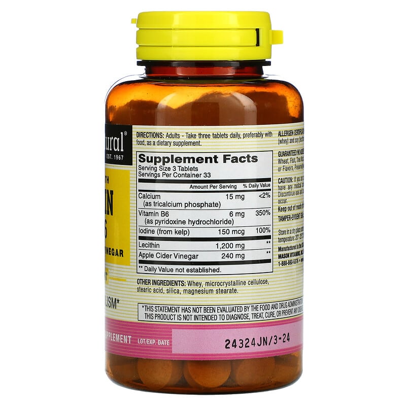 Mason Natural, Extra Strength Lecithin Kelp/B6 Plus Apple Cider Vinegar, 100 Tablets 311845082213