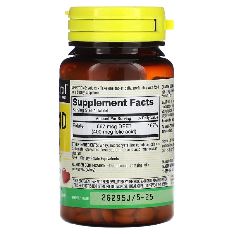 Mason Natural, Folic Acid, 400 mcg, 100 Tablets 311845065315