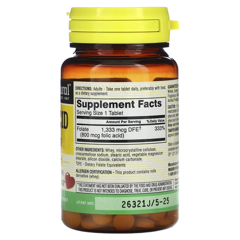 Mason Natural, Folic Acid, 800 mcg, 100 Tablets 311845067616