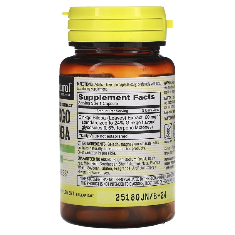 Mason Natural, Ginkgo Biloba, Standardized Extract, 60 Capsules 311845128058