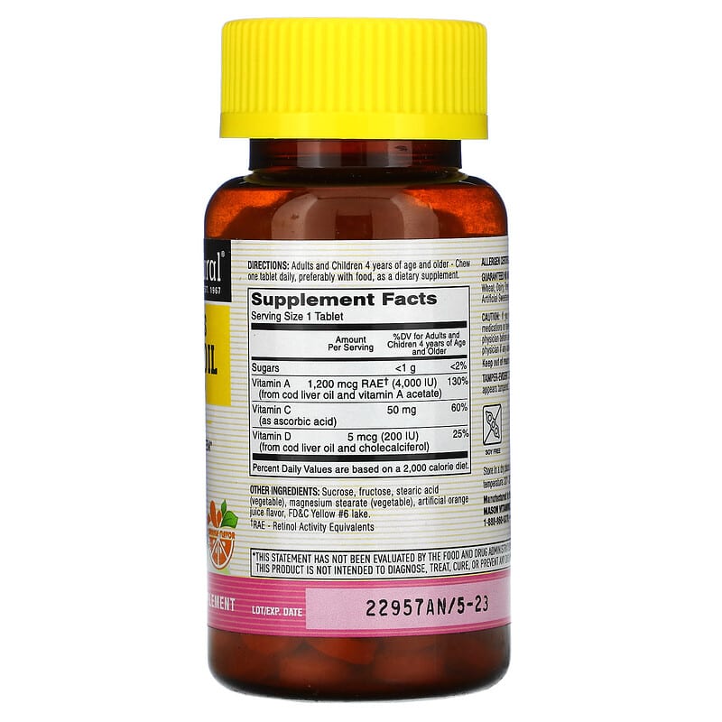 Mason Natural, Healthy Kids, Cod Liver Oil with Vitamin D, Orange, 100 Chewables 311845151216