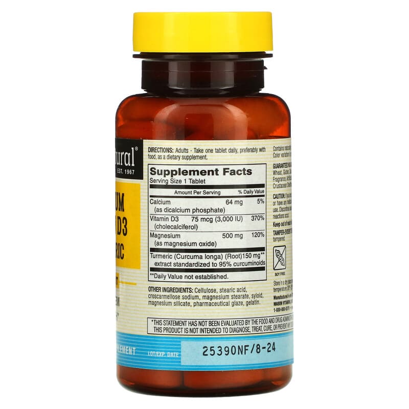 Mason Natural, Magnesium & Vitamin D3 with Turmeric, 60 Tablets 311845166357