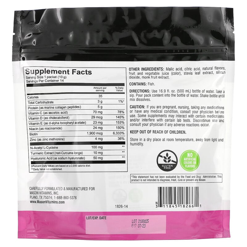 Mason Natural, Marine Collagen with Biotin, Hyaluronic Acid, Turmeric & Zinc, Blueberry Pomegranate, 14 Packs, 4.9 oz (140 g) 311845182661