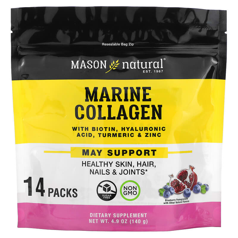 Mason Natural Marine Collagen with Biotin Hyaluronic Acid Turmeric & Zinc Blueberry Pomegranate 14 Packs 4.9 oz (140 g) 311845182661