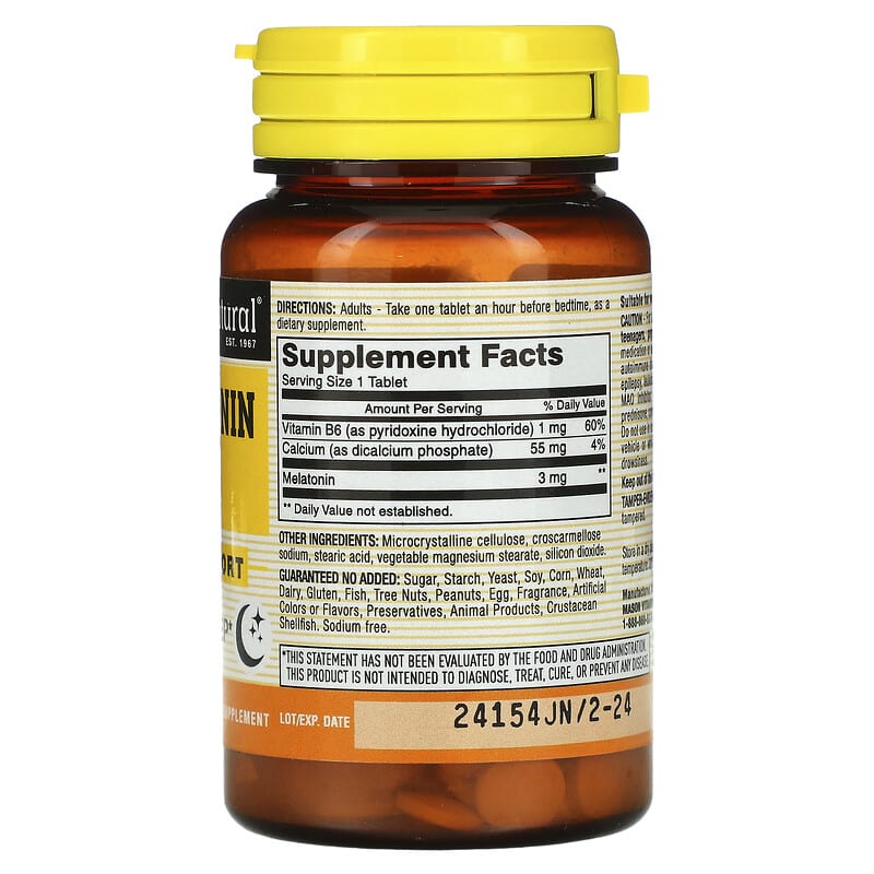 Mason Natural, Melatonin, 3 mg, 60 Tablets 311845111357