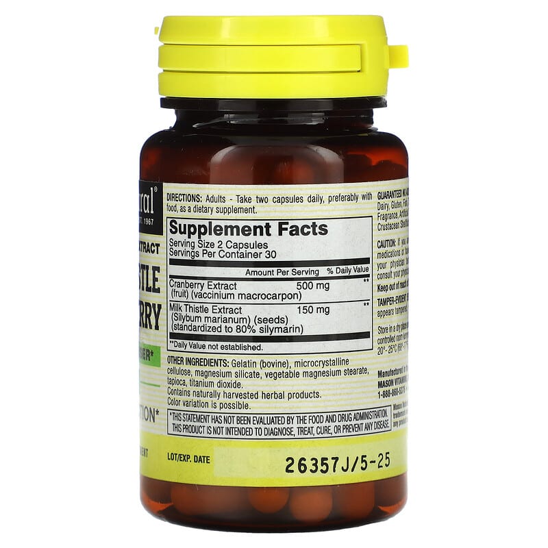 Mason Natural, Milk Thistle/Cranberry, Standardized Extract, Liver & Kidney Cleanser, 60 Capsules 311845135155