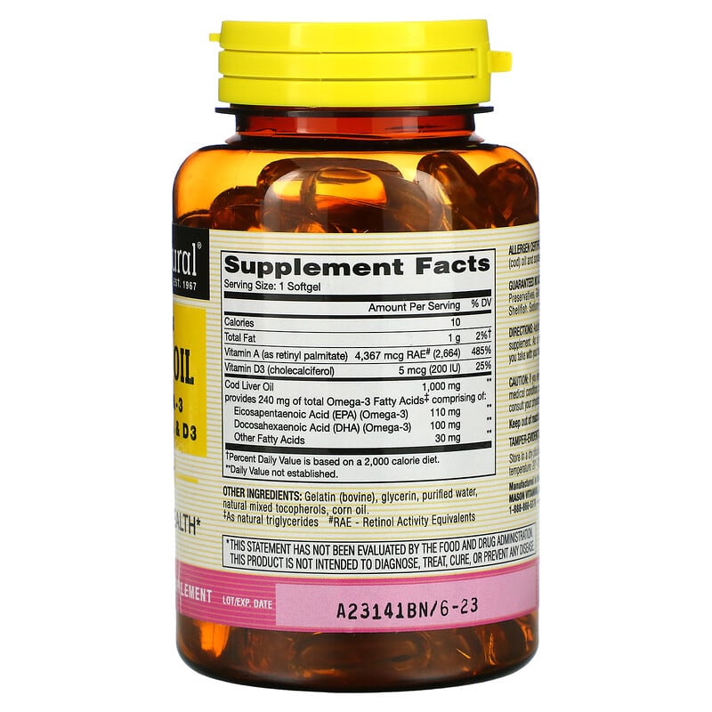 Mason Natural, Norwegian Cod Liver Oil Plus Vitamins A & D3, 100 Softgels 311845059710