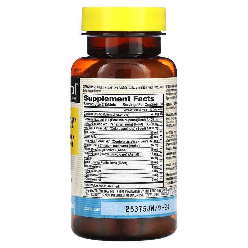 Mason Natural, Super Energy with Guarana, Panax Ginseng & Kola Nut, 60 Tablets 311845119650